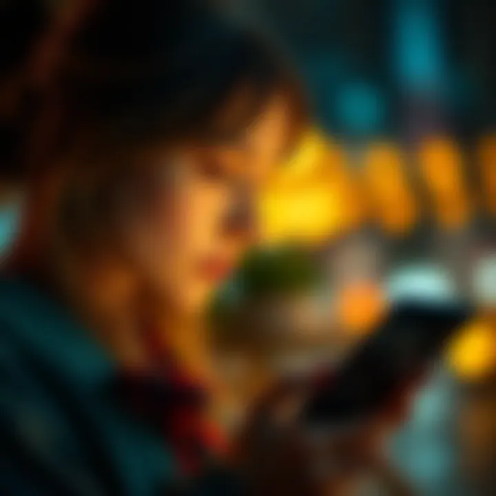 A woman gazes at her phone, pondering whether the attention she receives is lovebombing or genuine interest.