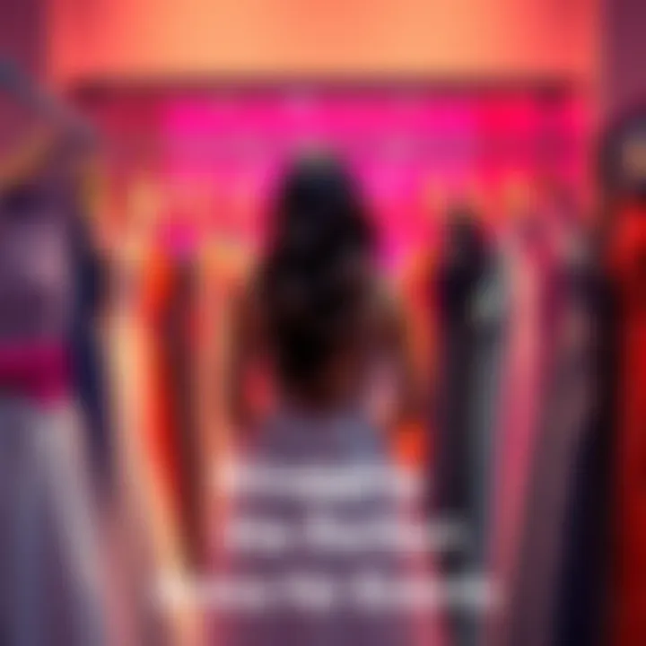 A woman stands in front of a mirror, surrounded by various dresses, looking uncertain as she picks one to try on for an event.