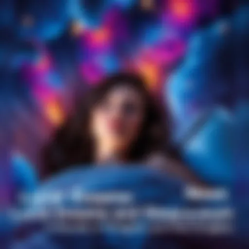 A young woman lying in bed with a serene expression, surrounded by colorful dream-like visuals representing her lucid dreams, sleep paralysis, and false awakenings.