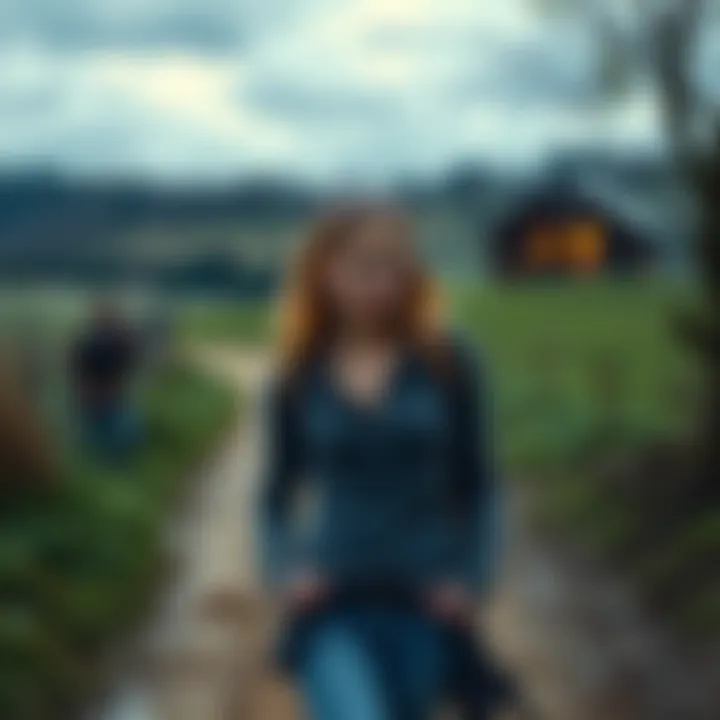 Young woman looking frightened as she walks on a rural path, spotting a man with a rifle in the distance near a house, feeling a sense of danger.