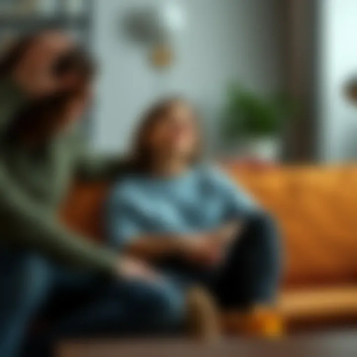 A woman sitting on a sofa with her husband, looking hopeful after facing family betrayal and struggles with mental health.