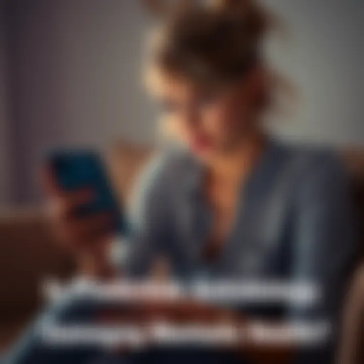 A woman sitting on a couch with a concerned expression, staring at her phone showing astrology predictions
