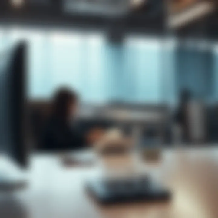 A woman sits at a desk in an office, writing a note on a piece of paper, while an empty chair is next to her.