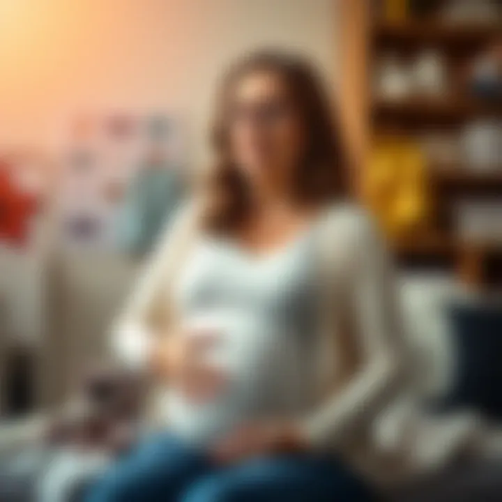 A thoughtful 40-year-old woman holds her belly, contemplating motherhood while surrounded by baby items.