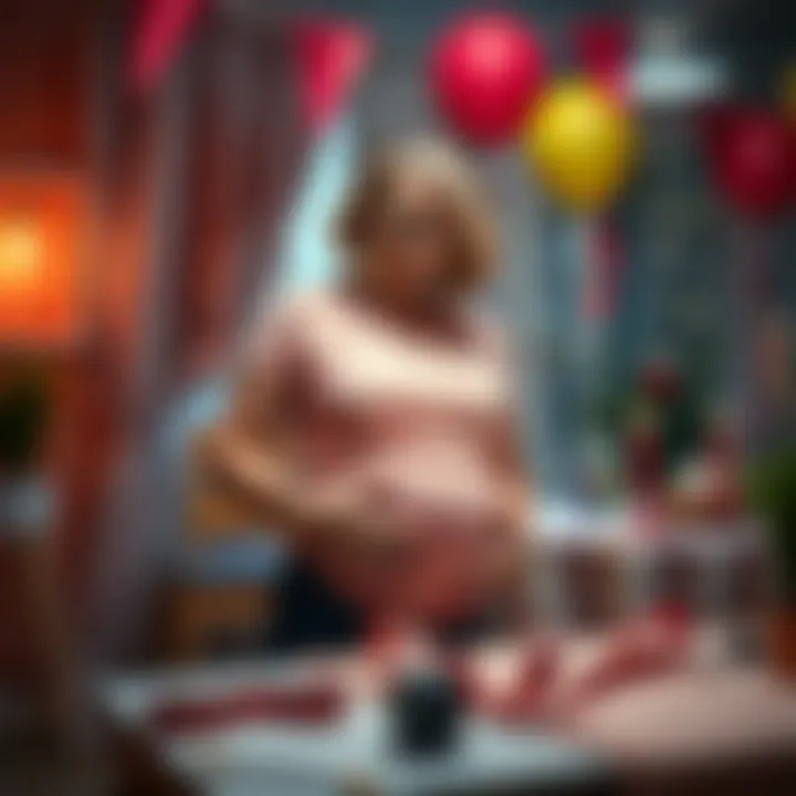 A woman in a festive setting, holding her belly while looking concerned, as decorations hint at a birthday party. Disturbing tapes lie on a table nearby, adding to her stress.