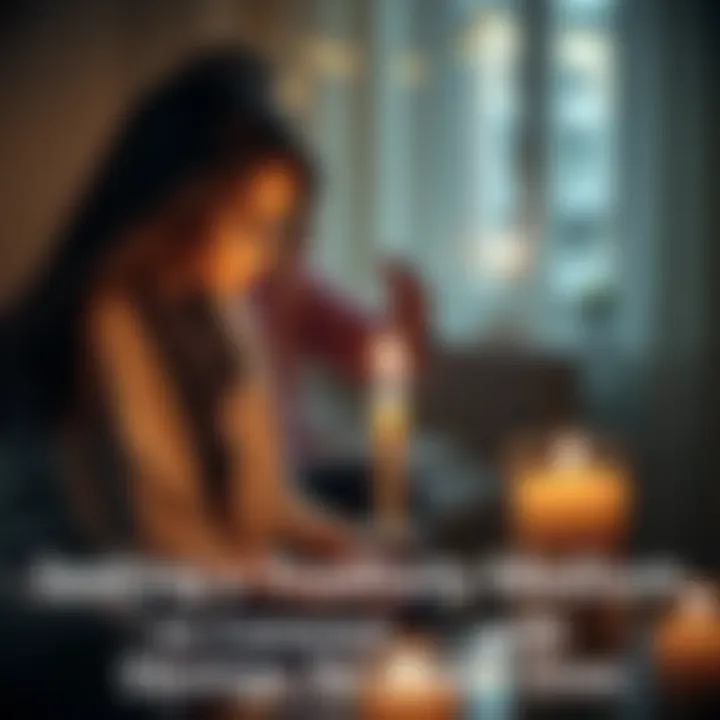 A woman in a serene setting is sitting with a medium, both focusing on a candle. The atmosphere feels calming as they attempt to connect with departed loved ones.