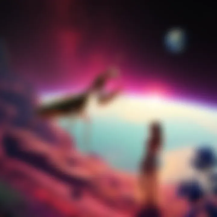 A woman experiences an out-of-body journey as a mantis creature on a colorful alien landscape, with a view of Earth in the distance.