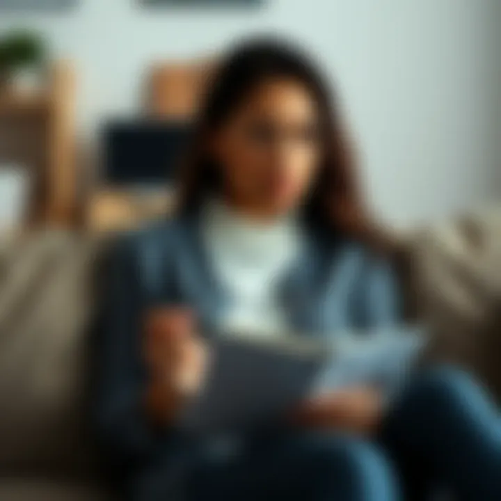 Woman with anxious expression A 36-year-old woman sitting on a couch, looking worried while holding a notebook and pen, contemplating her future family dreams