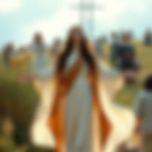 A peaceful scene showing a woman in a flowing robe surrounded by nature, symbolizing divine representation. She stands with arms open, inviting dialogue on gender and spirituality.