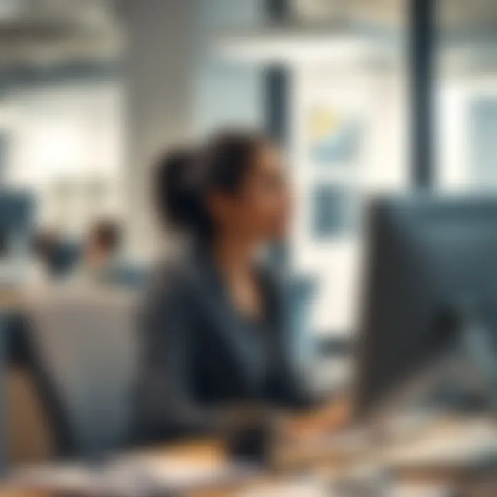 A woman sitting at her desk in an office, looking frustrated and overwhelmed while working on her computer, reflecting on her experiences with harassment.