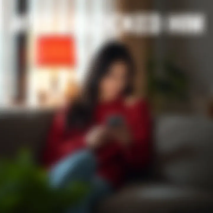 A woman sitting on a couch, looking contemplative, as she blocks a contact on her phone to regain her peace
