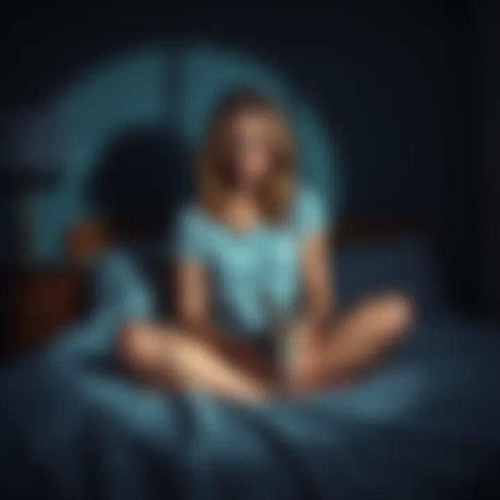 A woman sitting on her bed, looking worried with her bunny beside her, surrounded by shadows symbolizing fear and confusion.