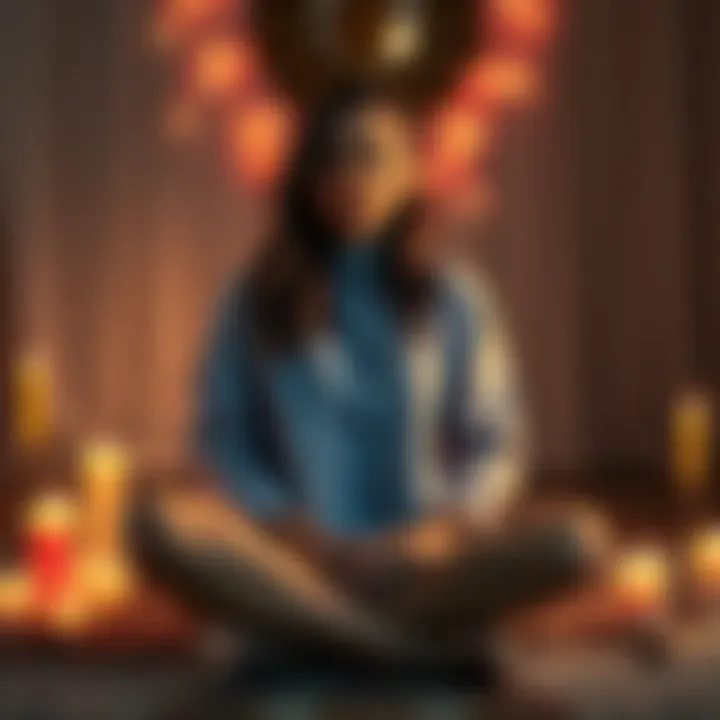 A woman sitting cross-legged on the floor, surrounded by candles and crystals, practicing a calming ritual to relieve anxiety.