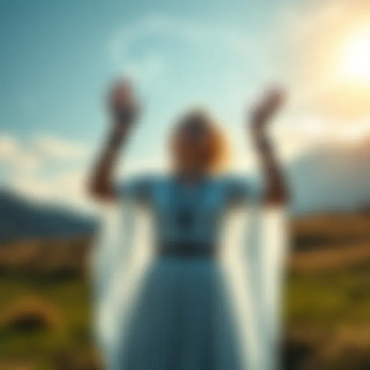 A woman stands in a serene outdoor setting, holding her hands up as she performs a spell, swirling energy around her. She appears focused and connected to the cosmos.