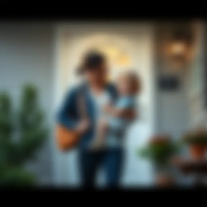 A woman stands on her doorstep surprised, holding a small child she never knew about. The child looks up at her with curiosity, creating a scene of unexpected parenthood. In the background, a social w...