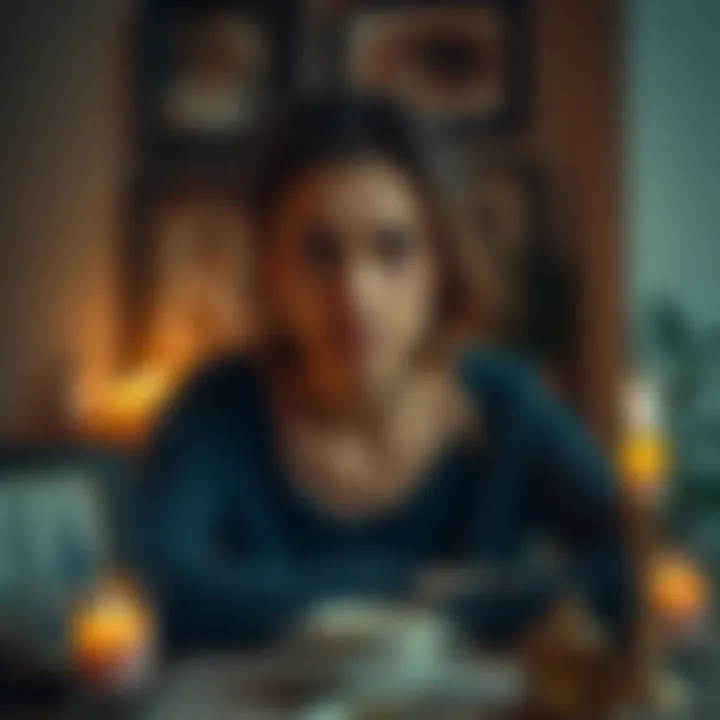 A woman with a worried expression, sitting at a table with family photos and candles around her, reflecting on her life changes and seeking help for her bad luck.