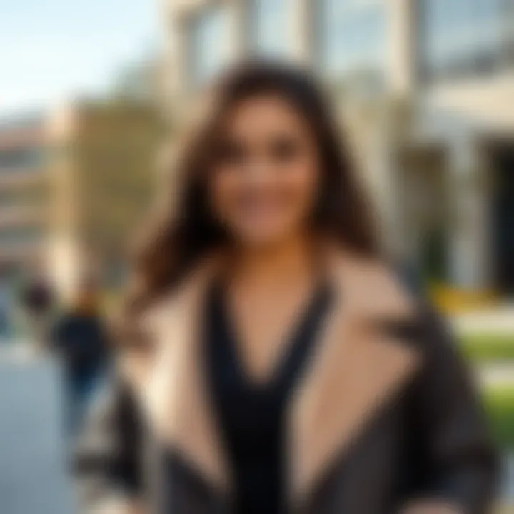 Young woman embodying confidence Woman standing confidently on campus, wearing stylish clothing and a bright smile, showcasing her beauty transformation after using subliminals.