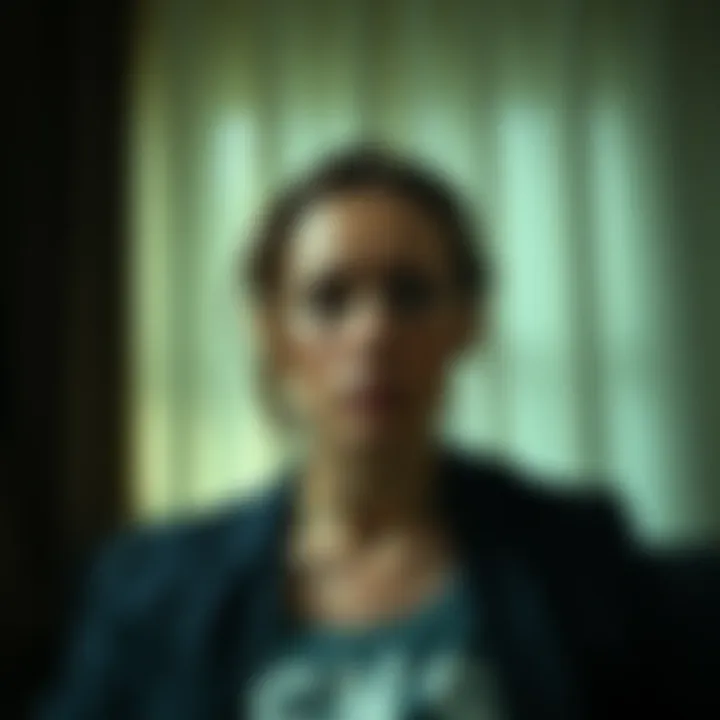 A woman sits in a dimly lit room, her face showing a mix of distress and contemplation, symbolizing her inner conflict