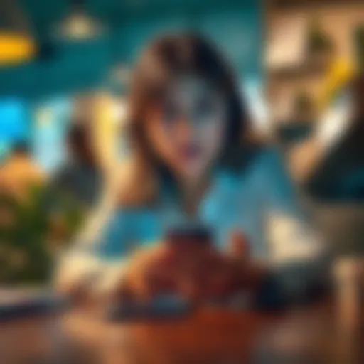 Woman looking at her phone with confusion A woman sits at a table, looking perplexed while staring at her phone, indicating mixed feelings about texting and relationships.