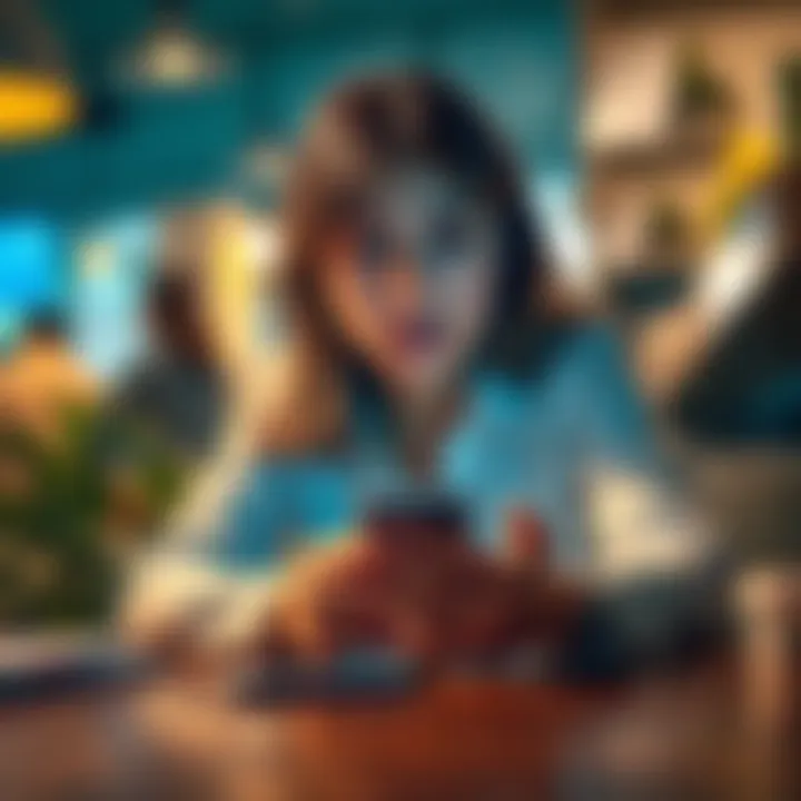 Woman looking at her phone with confusion A woman sits at a table, looking perplexed while staring at her phone, indicating mixed feelings about texting and relationships.