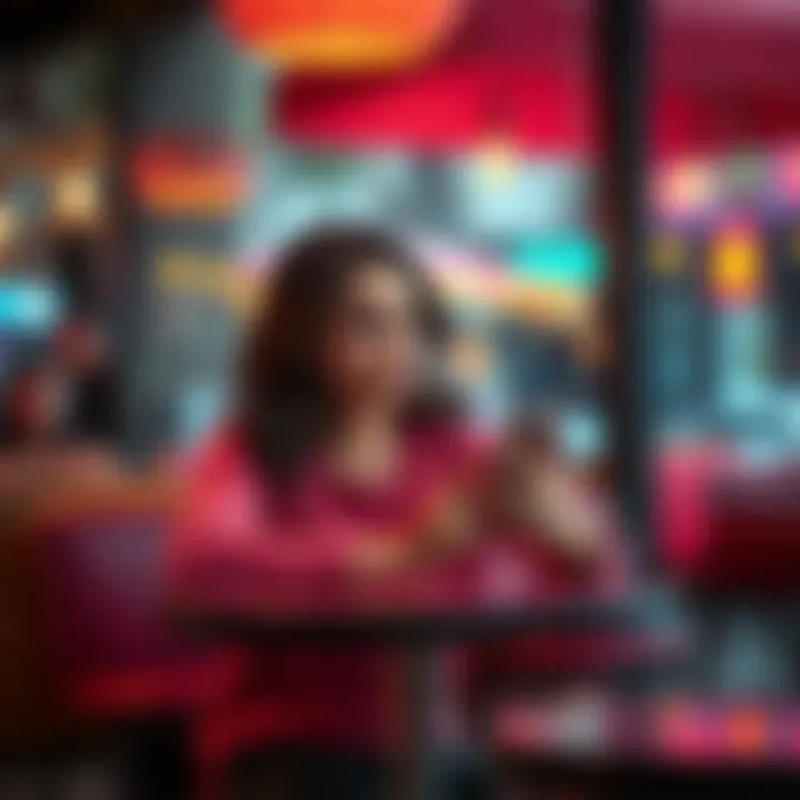A woman sits at a coffee shop table, looking thoughtfully at her phone, reflecting on a recent relationship twist.