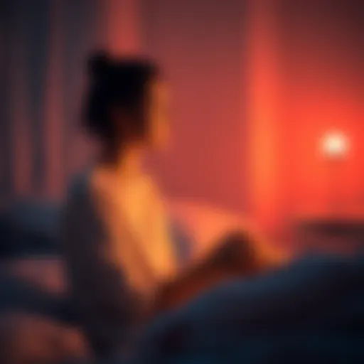 A woman sitting on her bed, looking thoughtful as she reflects on her recurring dreams about women, with a soft glow in the room