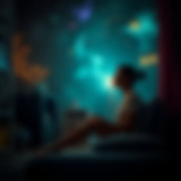 A woman sitting in a dimly lit room, reflecting on her childhood memories and symbols from her imaginative world, looking thoughtful and introspective.