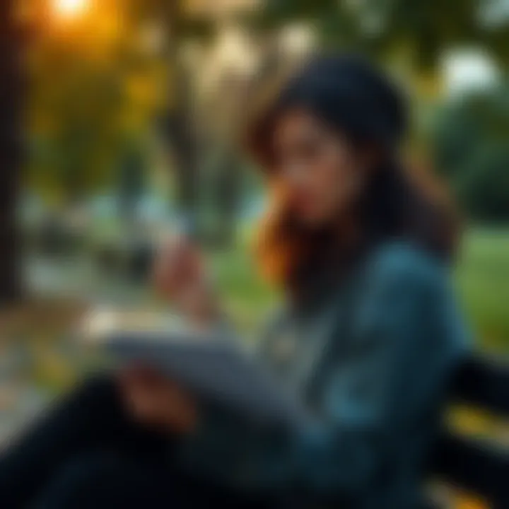 Woman contemplating names A woman sitting in a park, looking thoughtfully at a notebook with a pen in hand, symbolizing the search for identity through names.