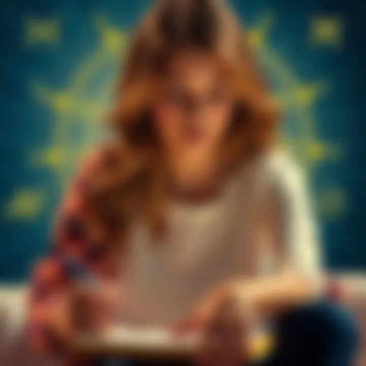 A young woman sits thoughtfully with a notebook and pen, considering her feelings about dating a Gemini man, surrounded by astrological symbols.