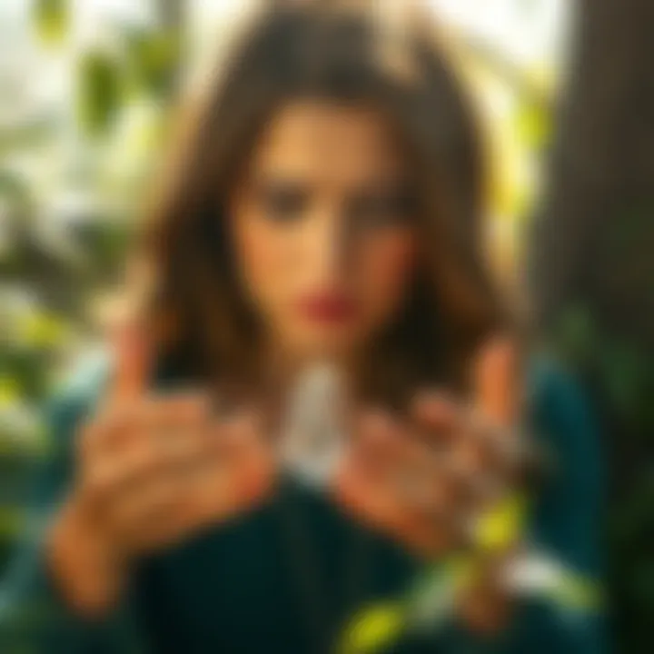 A woman looks concerned while holding a crystal necklace, contemplating its disposal, surrounded by nature elements like leaves and sunlight.