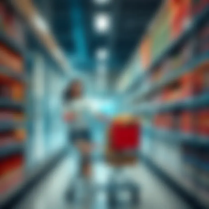 A woman with a shopping cart suddenly vanishes as another shopper looks surprised in a grocery store aisle.