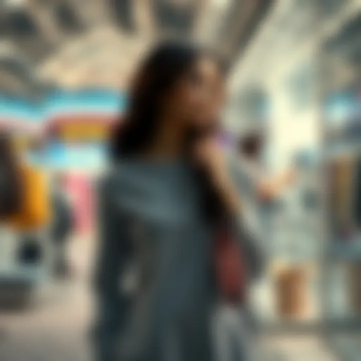 A woman resembling a dream character stands in a room, engaging in actions reminiscent of a shopping scene, creating a surreal atmosphere.
