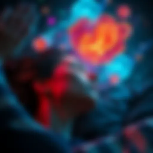 A woman peacefully sleeping with colorful dream imagery around her head.