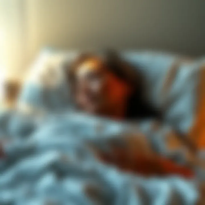A woman in bed with a peaceful expression, dreaming of her late grandmother, with soft morning light illuminating the room.