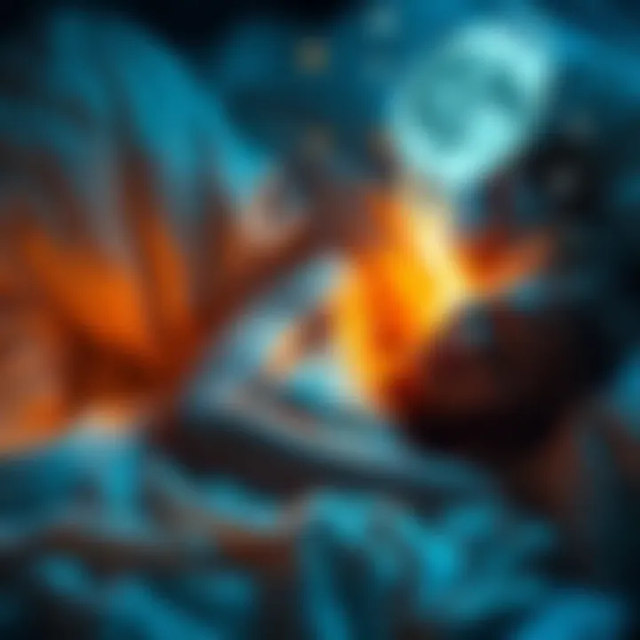 A woman peacefully sleeping, with a soft glow around her, as she dreams of her deceased boyfriend visiting her in a serene setting.