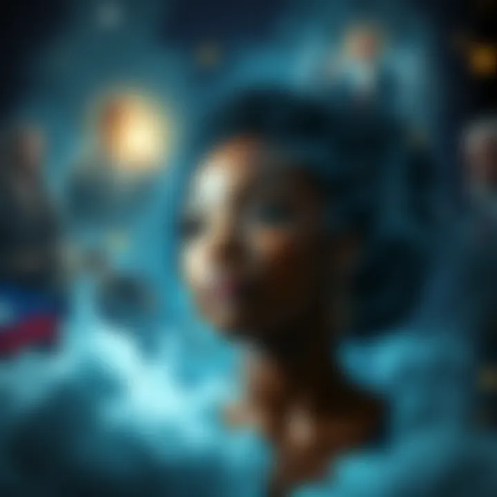A young woman in a dream state, surrounded by visions of herself as a black woman in history, facing challenges and mystical figures.