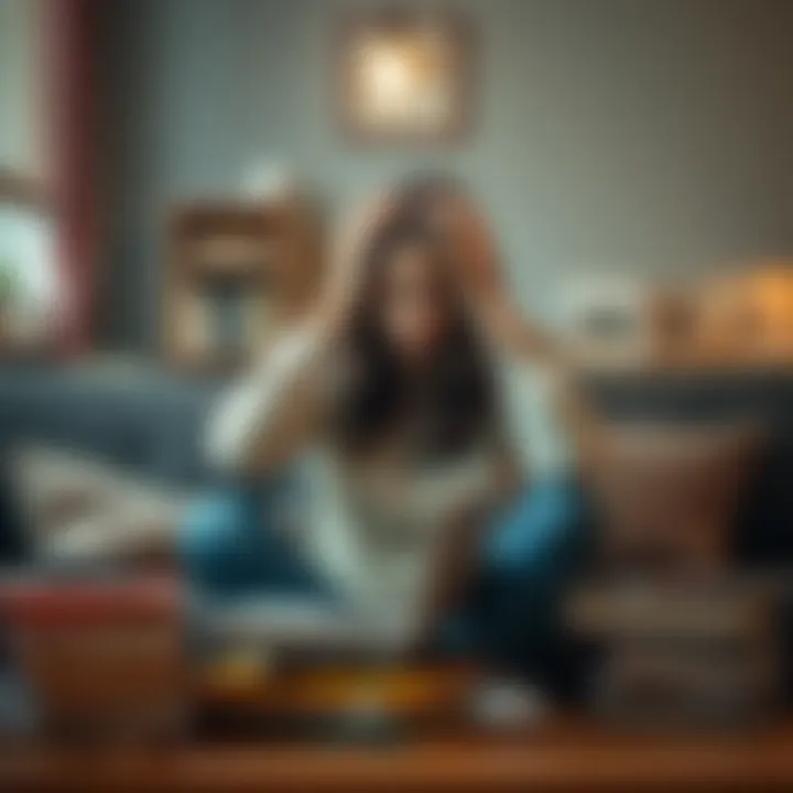 A 25-year-old woman sitting on a couch, looking worried while holding her head in her hands, surrounded by health-related books and technology devices.