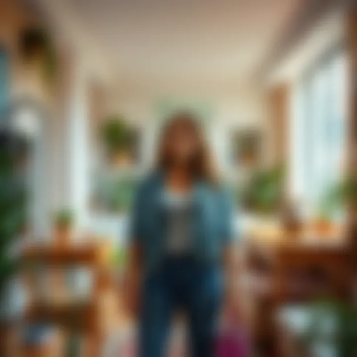 A woman stands confidently in her new apartment, surrounded by plants and personal items that reflect her journey to independence.