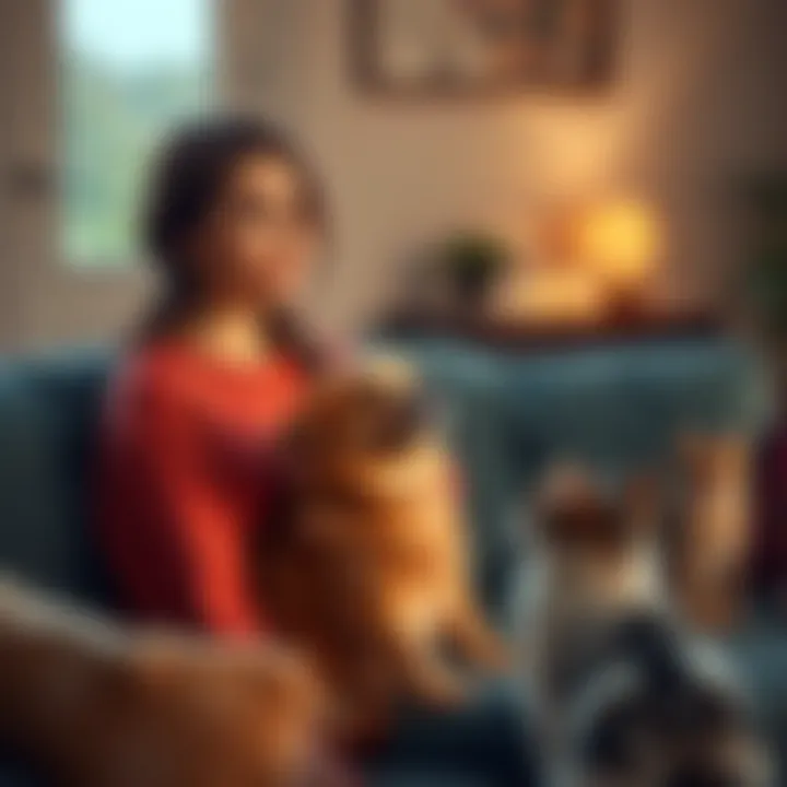 A woman sits on a couch, looking thoughtfully at a playful dog while two cats watch from a distance.