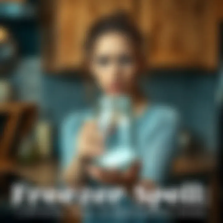 Woman turning a jar for a freezer spell A woman in her kitchen, holding a jar as she prepares to turn it for a freezer spell, with a worried expression on her face.