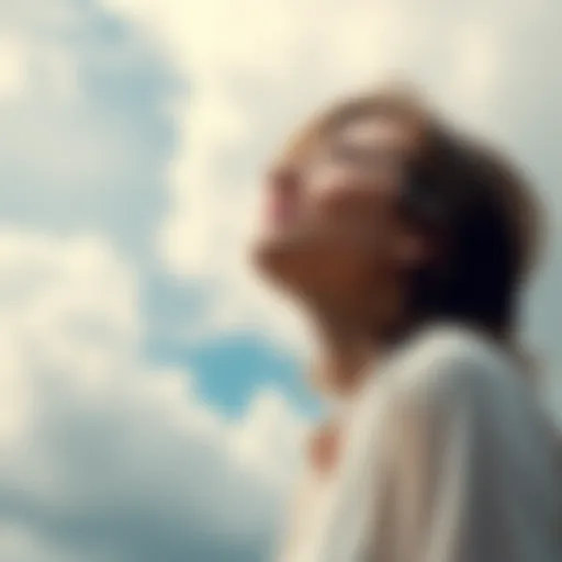 A woman looking up at a cloudy sky, reflecting on her personal loss, symbolizing hope and connection with loved ones, with the number 444 subtly visible in the background.