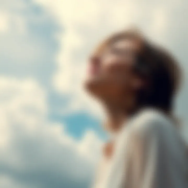 A woman looking up at a cloudy sky, reflecting on her personal loss, symbolizing hope and connection with loved ones, with the number 444 subtly visible in the background.