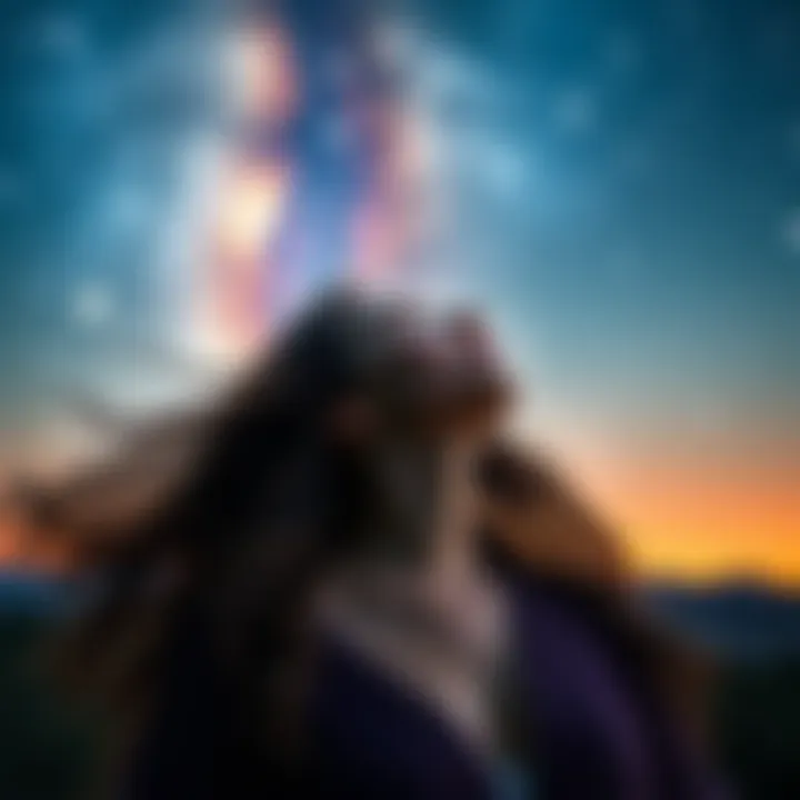 A woman with flowing hair looking up at a starry night sky, reflecting a sense of wonder and connection to the universe.