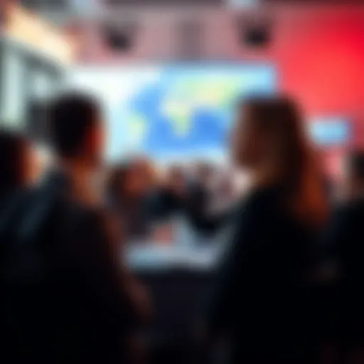 A woman discusses the Flat Earth theory while pointing at a screen displaying Google Earth, surrounded by people in a lively debate.