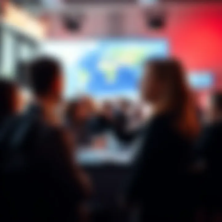 A woman discusses the Flat Earth theory while pointing at a screen displaying Google Earth, surrounded by people in a lively debate.