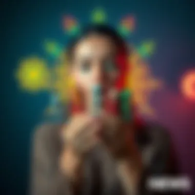 A woman with a serene expression holds small alien figurines, surrounded by colorful spiritual symbols.