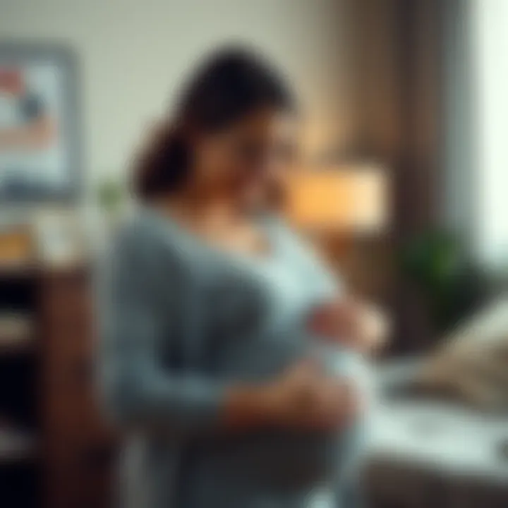 A 39-year-old woman gently cradles her baby bump, looking hopeful and emotional indoors.