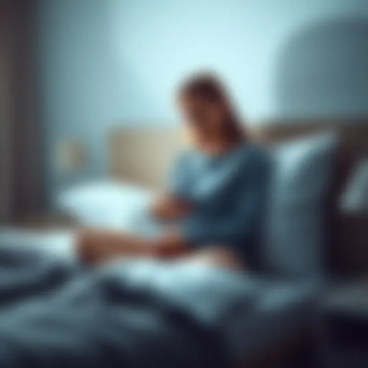 Woman Holding Her Stomach A woman sitting on the edge of her bed, looking worried while holding her stomach, indicating discomfort and morning sickness.