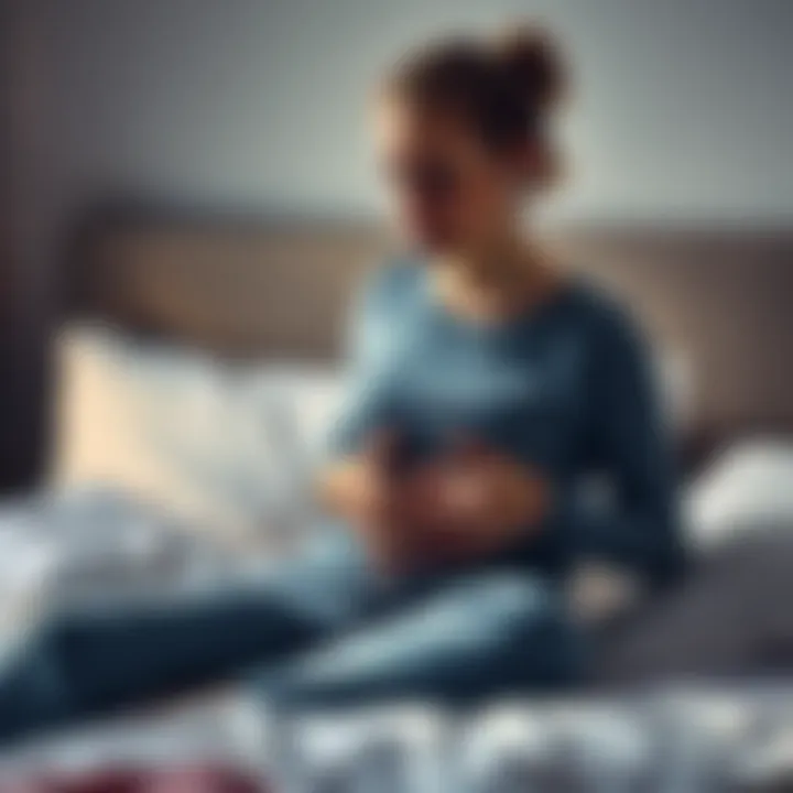 A woman sitting on a bed, holding her stomach in discomfort, looking frustrated while listening to subliminal messages with earbuds in