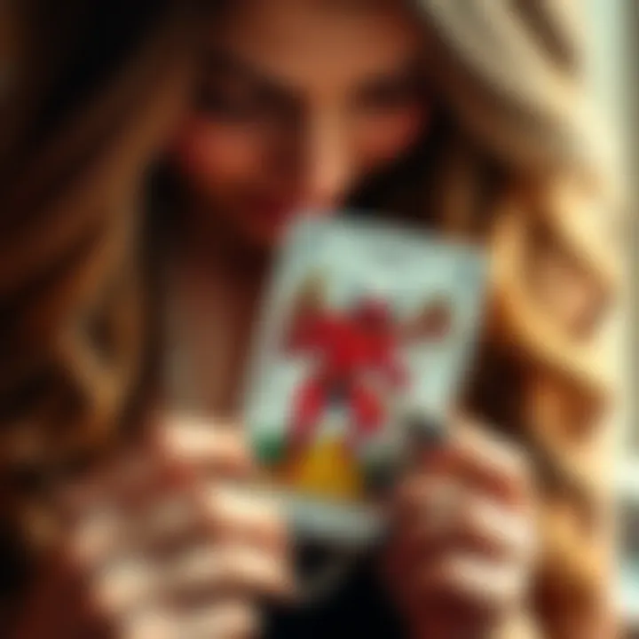 A woman looks thoughtfully at The Devil tarot card, reflecting on its meaning in her life after ten years of readings.